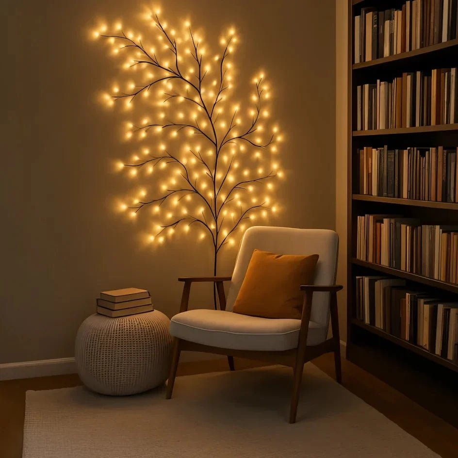 Applique murale décorative LED en forme de branche de saule avec 144 lumières blanc chaud et 18 branches pour un éclairage d’ambiance – 2,3 mètres avec télécommande, branche lumineuse à intensité réglable pour salon, chambre ou terrasse | Sulvida