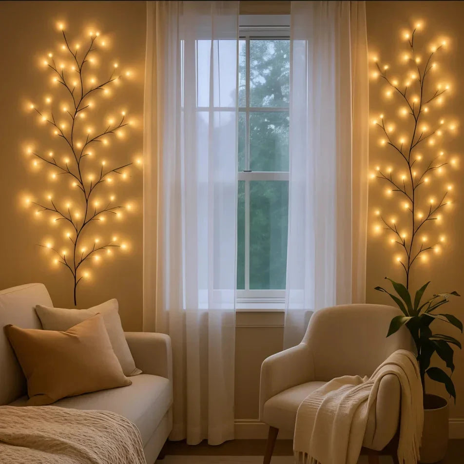 Applique murale décorative LED en forme de branche de saule avec 144 lumières blanc chaud et 18 branches pour un éclairage d’ambiance – 2,3 mètres avec télécommande, branche lumineuse à intensité réglable pour salon, chambre ou terrasse | Sulvida
