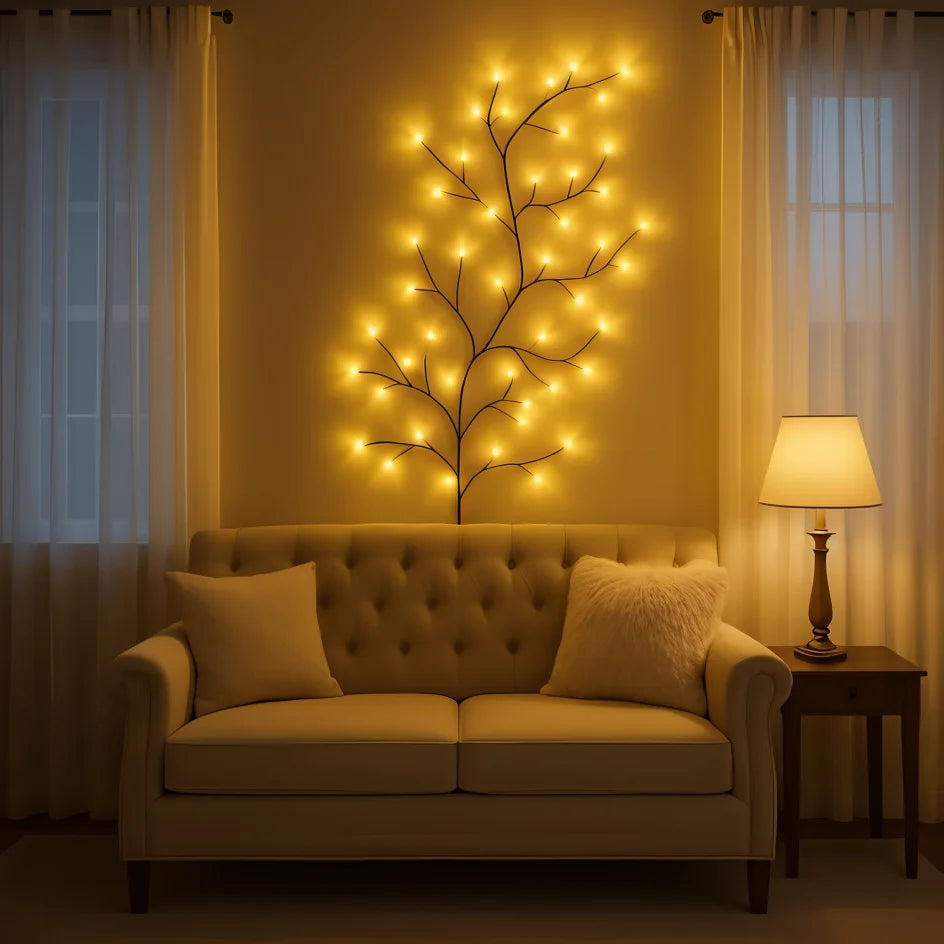 Applique murale décorative LED en forme de branche de saule avec 144 lumières blanc chaud et 18 branches pour un éclairage d’ambiance – 2,3 mètres avec télécommande, branche lumineuse à intensité réglable pour salon, chambre ou terrasse | Sulvida