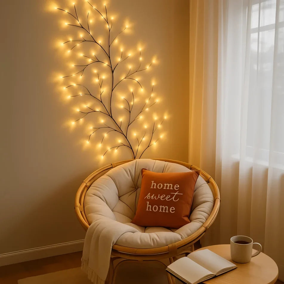 Applique murale décorative LED en forme de branche de saule avec 144 lumières blanc chaud et 18 branches pour un éclairage d’ambiance – 2,3 mètres avec télécommande, branche lumineuse à intensité réglable pour salon, chambre ou terrasse | Sulvida