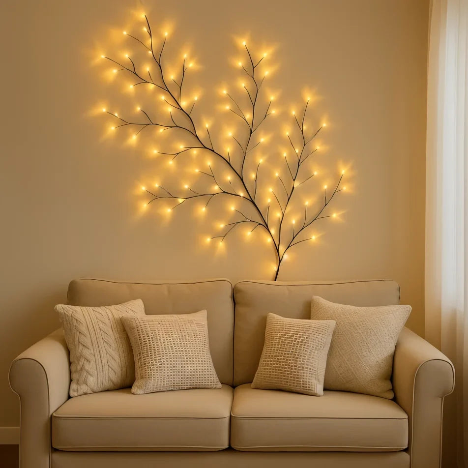 Applique murale décorative LED en forme de branche de saule avec 144 lumières blanc chaud et 18 branches pour un éclairage d’ambiance – 2,3 mètres avec télécommande, branche lumineuse à intensité réglable pour salon, chambre ou terrasse | Sulvida