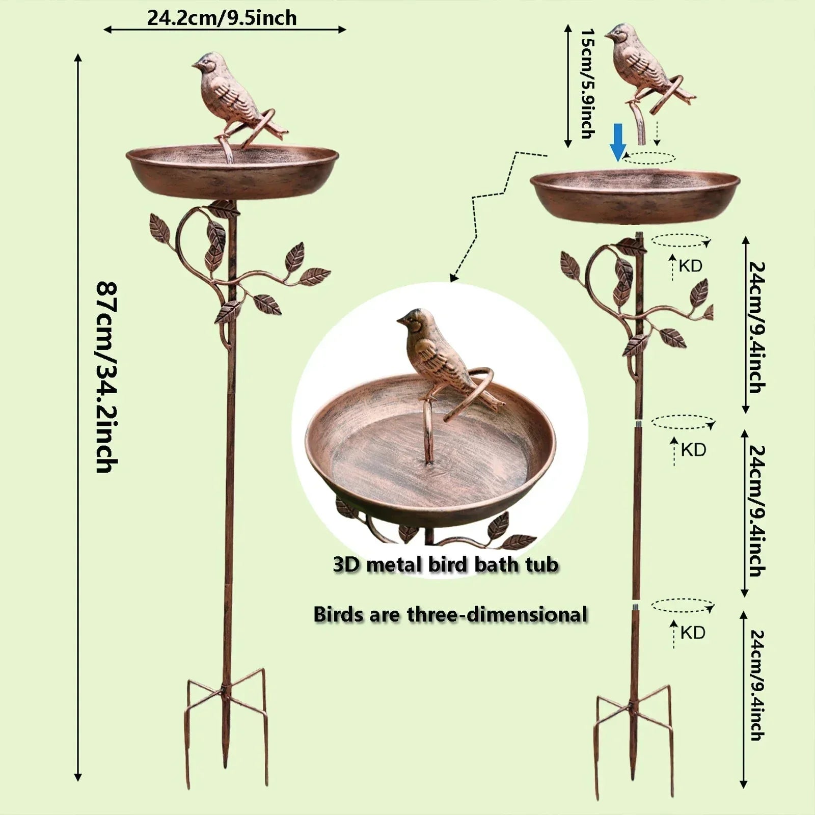 Bain d'oiseaux décoratif avec tige solide pour jardin | Ornement de jardin en métal avec bassin d'eau | Sulvida