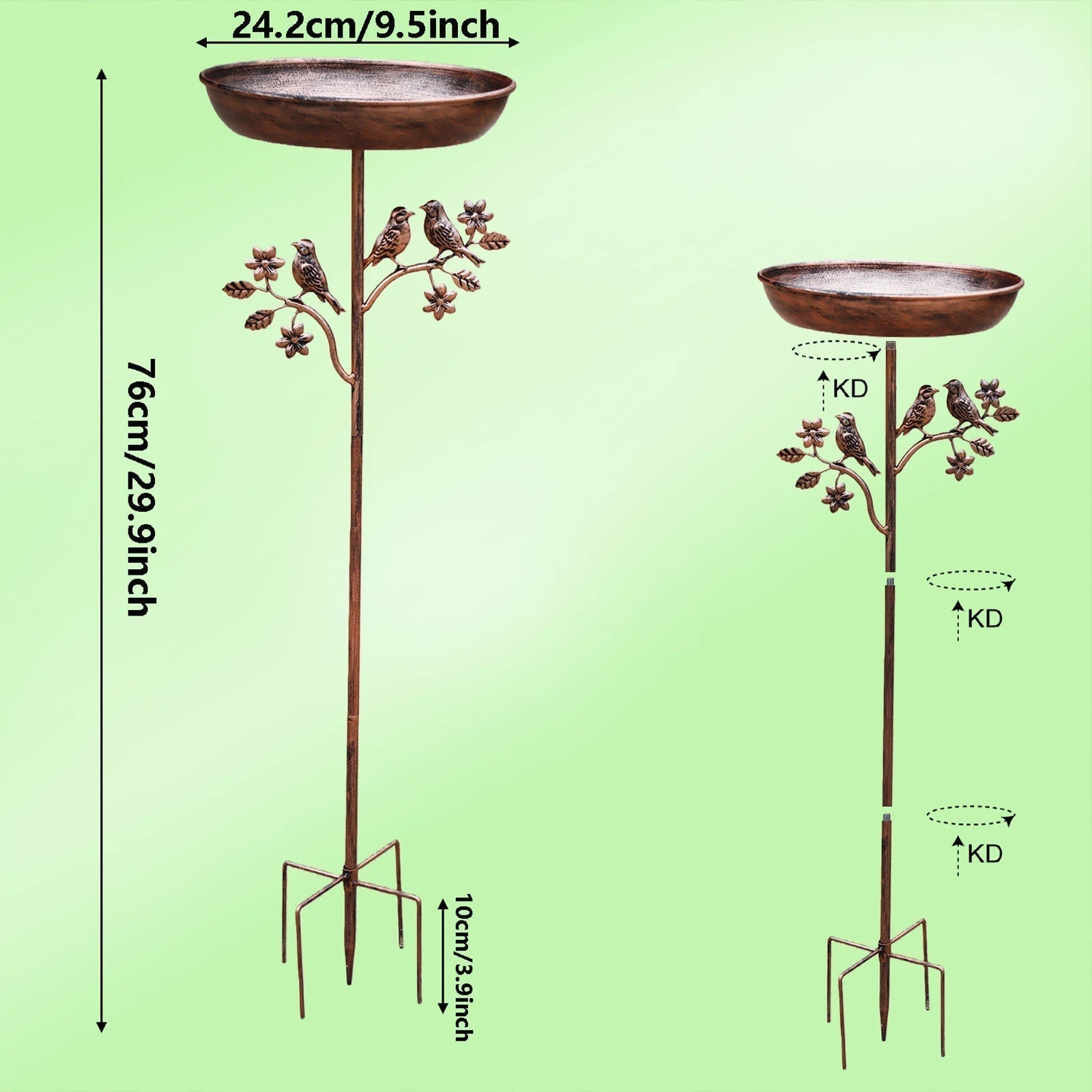Bain d'oiseaux décoratif avec tige solide pour jardin | Ornement de jardin en métal avec bassin d'eau | Sulvida