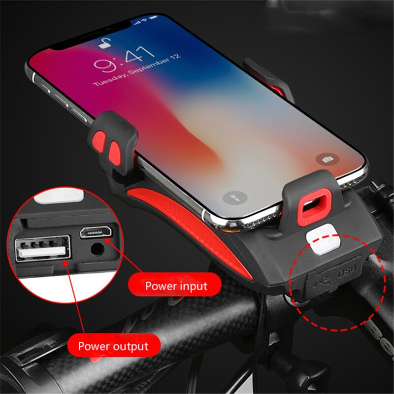 Support de guidon de vélo multifonction 4-en-1 avec batterie externe, éclairage LED et klaxon pour faire du vélo en toute sécurité et recharger son smartphone | Sulvida