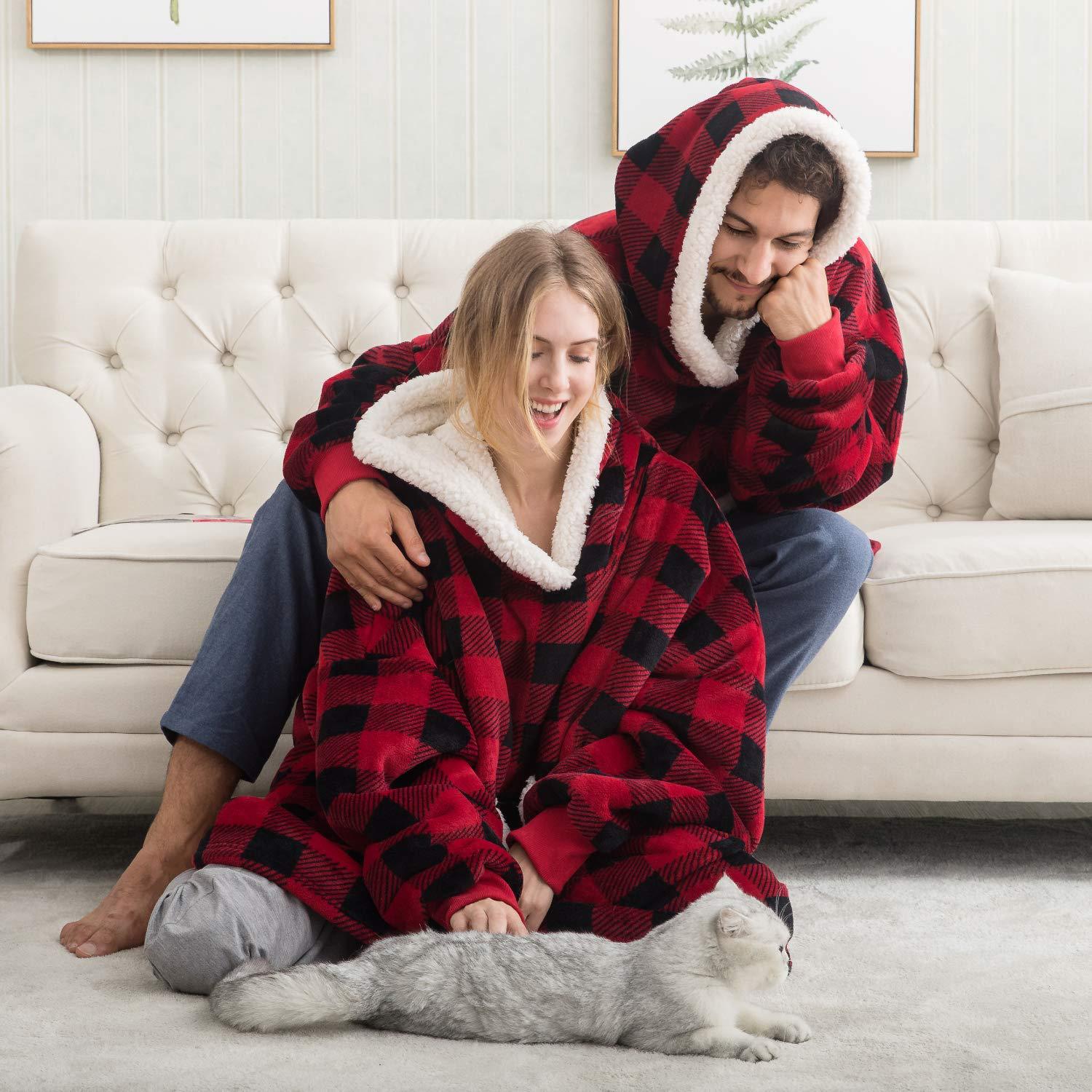 Couverture à capuche chaude type hoodie – Vêtement d’intérieur doux en polaire avec capuche et poches pour un confort ultime à la maison | Sulvida