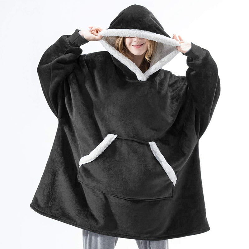 Couverture à capuche chaude type hoodie – Vêtement d’intérieur doux en polaire avec capuche et poches pour un confort ultime à la maison | Sulvida
