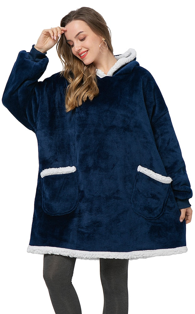 Couverture à capuche chaude type hoodie – Vêtement d’intérieur doux en polaire avec capuche et poches pour un confort ultime à la maison | Sulvida