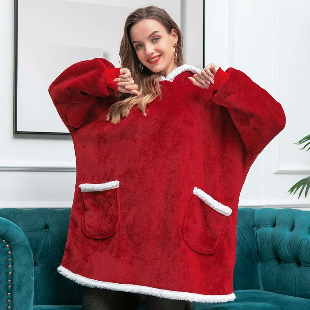 Couverture à capuche chaude type hoodie – Vêtement d’intérieur doux en polaire avec capuche et poches pour un confort ultime à la maison | Sulvida