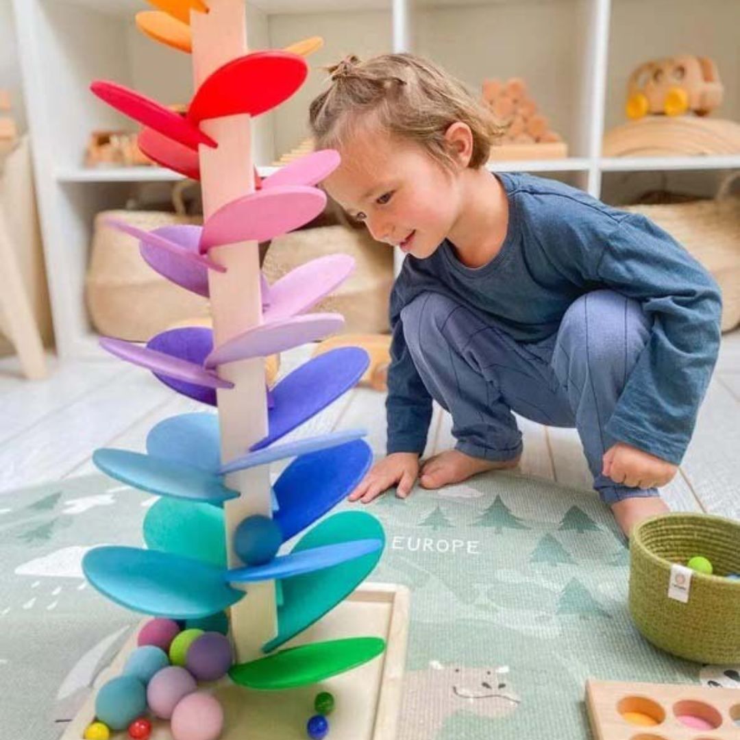 Circuit de billes en bois arc-en-ciel avec sons, 71cm – jouet éducatif Montessori pour enfants avec expériences de couleurs et de sons | Sulvida