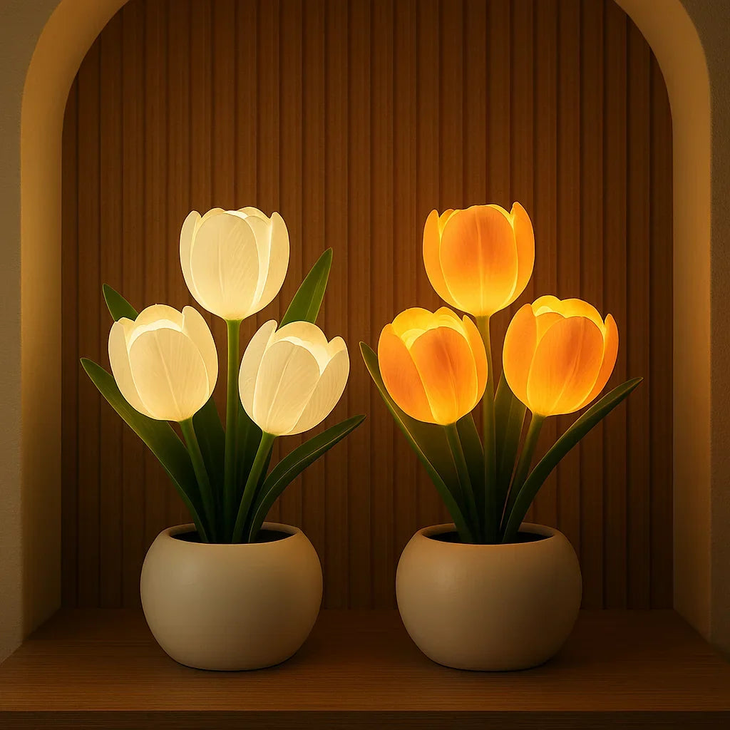 Lampe tulipe LED décorative pour le salon – Lumière blanc chaud – Lampe florale d’ambiance avec vase – Lampe de table moderne et veilleuse pour la chambre ou le bureau | Sulvida