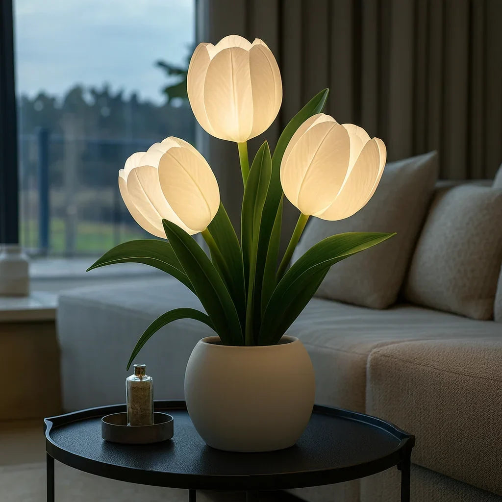 Decoratieve LED Tulpenlamp voor Woonkamer – Warm Wit Licht – Sfeervolle Bloemenlamp met Vaas – Moderne Tafellamp Nachtlamp voor Slaapkamer of Bureau | Sulvida