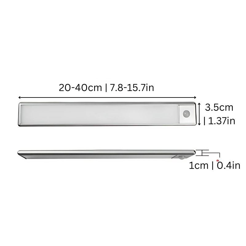 Éclairage LED magnétique avec détecteur de mouvement pour placard, 20/30/40 cm – Lampe à capteur rechargeable, lumière blanche chaude ou froide, pour cuisine, placard, escalier et bureau | Sulvida