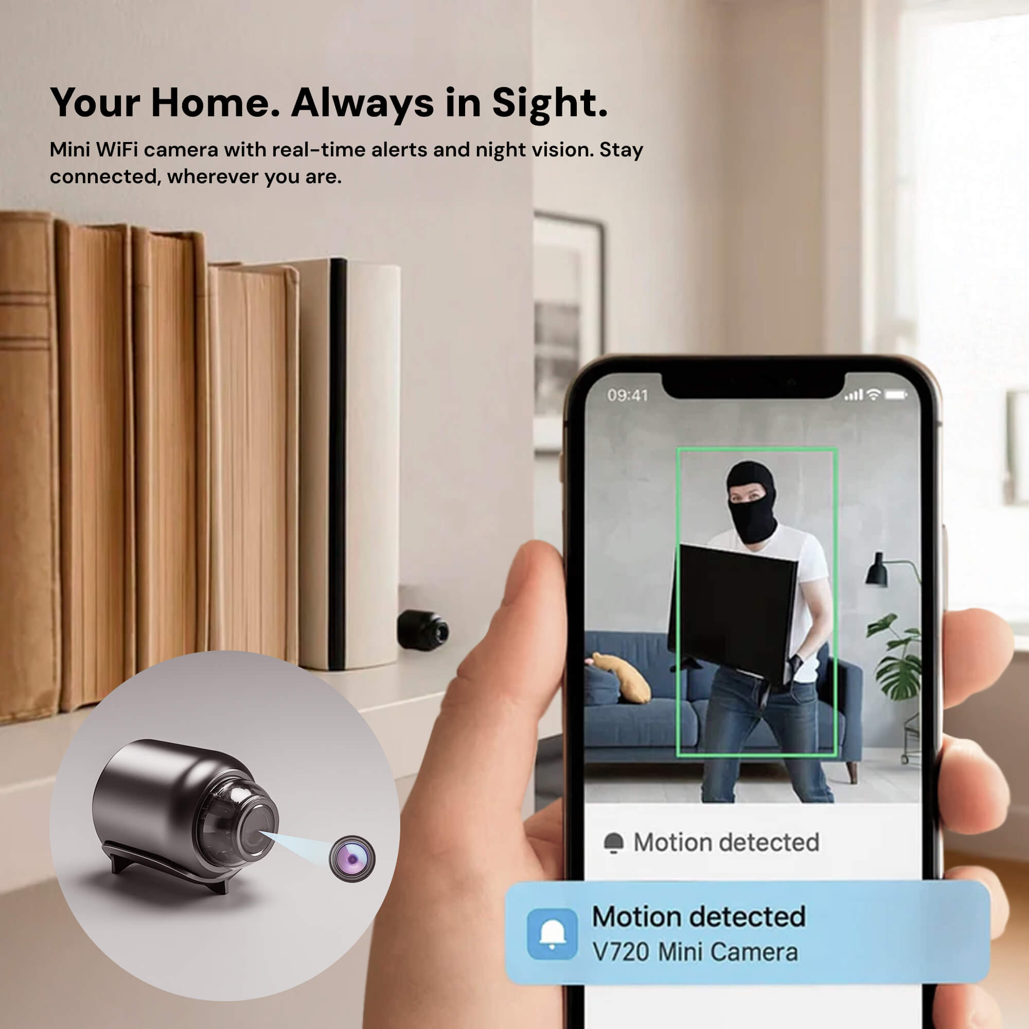 Mini caméra de surveillance sans fil avec audio pour la sécurité domestique, surveillance discrète, caméra espion cachée, enregistrement, système de sécurité Wi-Fi pour la maison | Sulvida