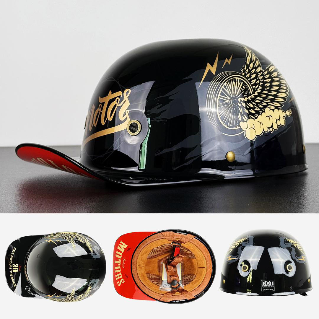 Demi-casque de moto de style casquette de baseball avec design d’ailes dorées, look vintage, coque en ABS, casque de protection pour moto, scooter, chopper et cruiser M L XL 2XL | Sulvida