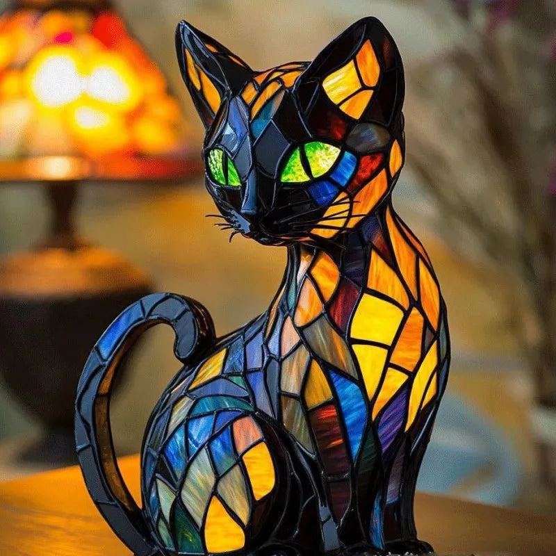 Lampe solaire LED décorative en forme de chat avec yeux vert émeraude – Décoration animalière dorée pour terrasse et jardin | Sulvida