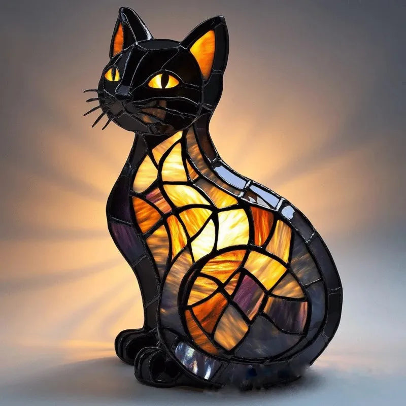Lampe solaire LED décorative en forme de chat avec yeux vert émeraude – Décoration animalière dorée pour terrasse et jardin | Sulvida