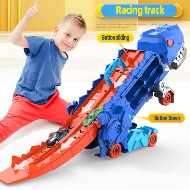Set de jeu dinosaure transformable avec circuit de course et voitures – Jouet robuste en ABS pour action et aventure | Sulvida