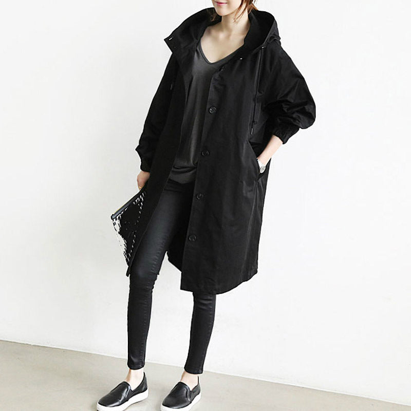 Trench-coat femme coupe midi coupe ample avec capuche coupe-vent pour automne hiver | Sulvida