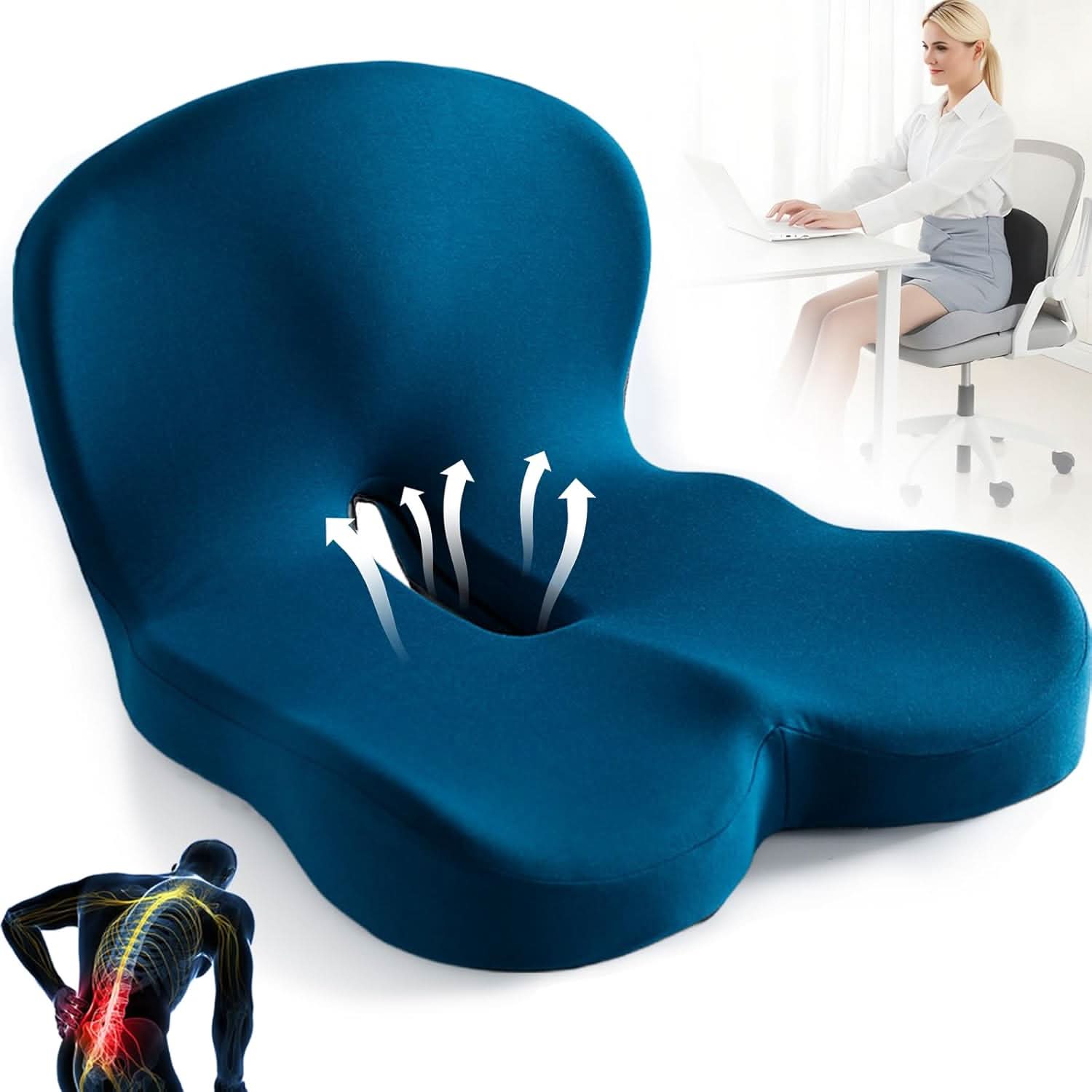 Coussin d’assise ergonomique en mousse à mémoire de forme pour bureau, soulageant la pression et antidérapant, avec housse amovible et lavable, pour le télétravail, le bureau et la voiture | Sulvida