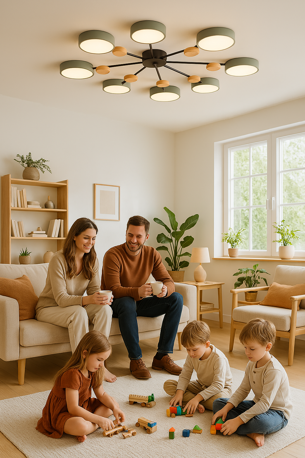 Plafonnier LED moderne de style scandinave avec branches en bois et points lumineux circulaires – Éclairage design économe en énergie pour le salon et la chambre | Sulvida