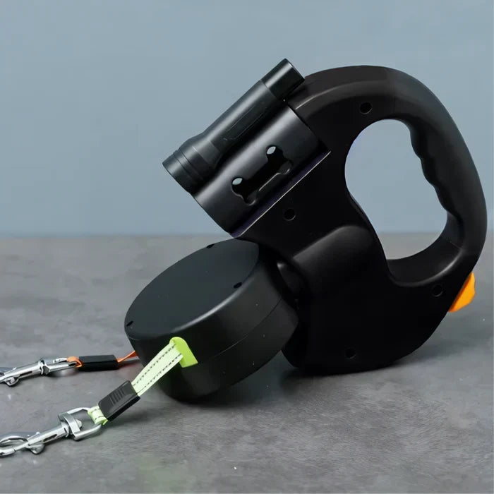 Laisse pour deux chiens – Sans enchevêtrement avec éclairage LED et rotation à 360° – Noir et gris | Sulvida