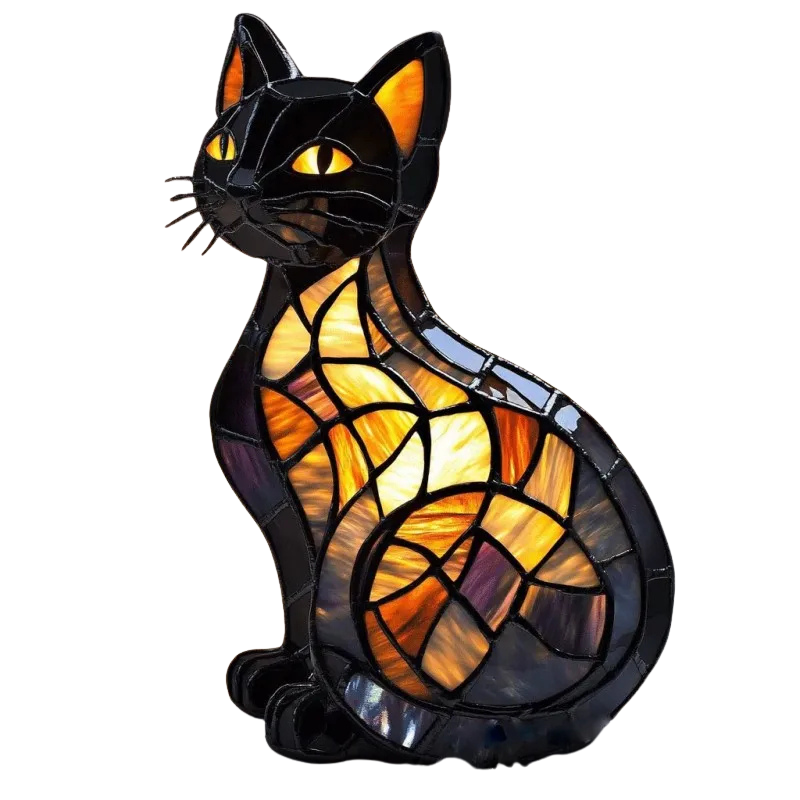 Lampe solaire LED décorative en forme de chat avec yeux vert émeraude – Décoration animalière dorée pour terrasse et jardin | Sulvida