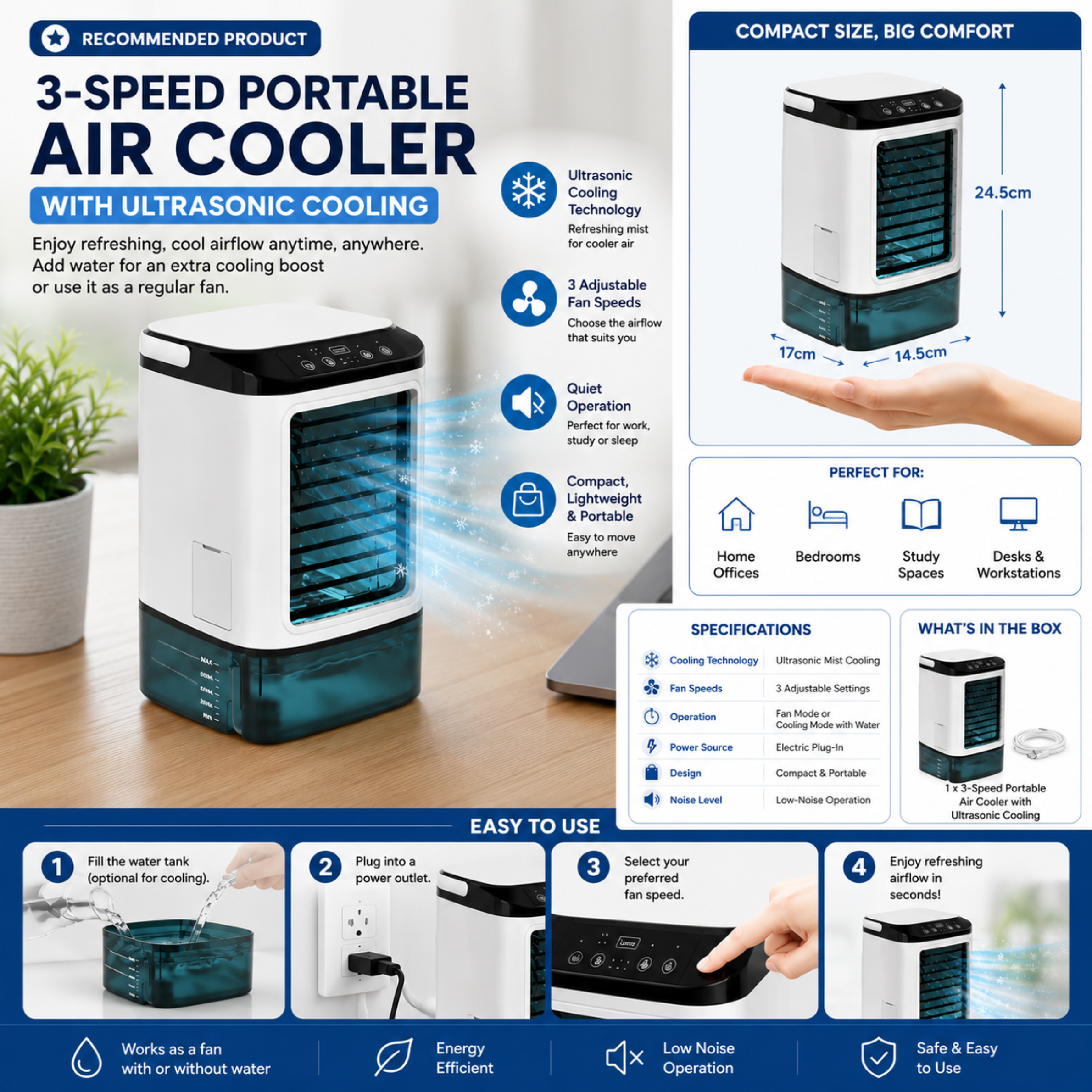 Refroidisseur d’Air Portable avec Technologie Ultrasonique et 3 Vitesses pour Maison et Bureau | Sulvida