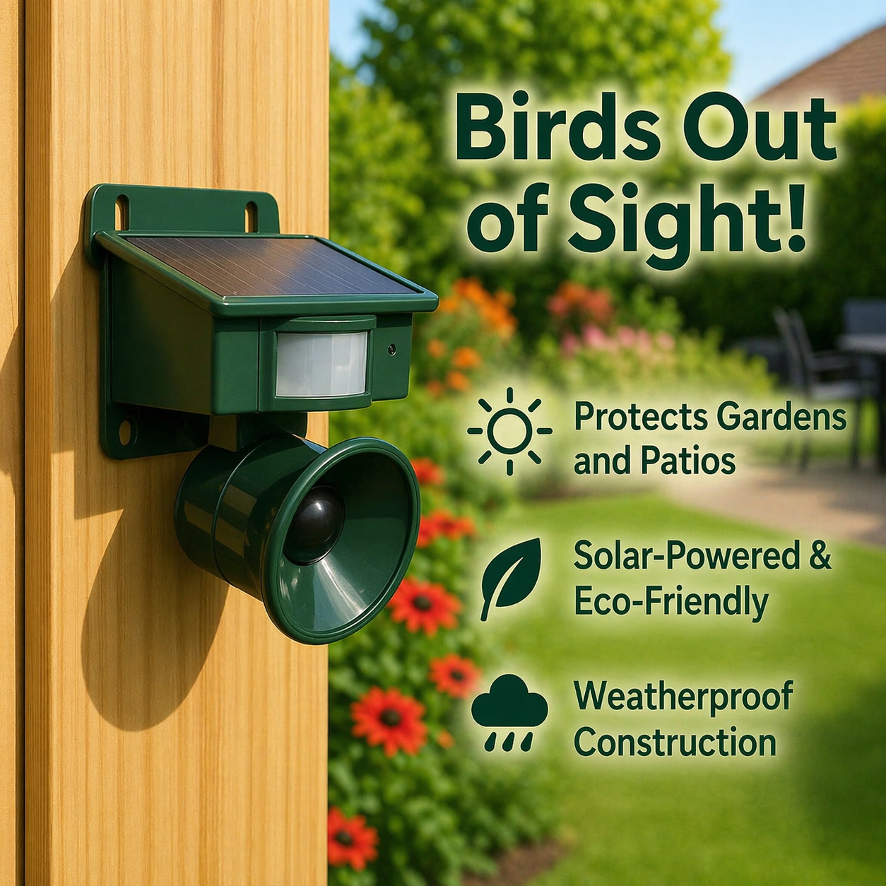 Vogelafweersysteem met PIR-sensor en natuurlijke roofdiergeluiden voor bescherming tegen duiven, kraaien en eksters | Sulvida