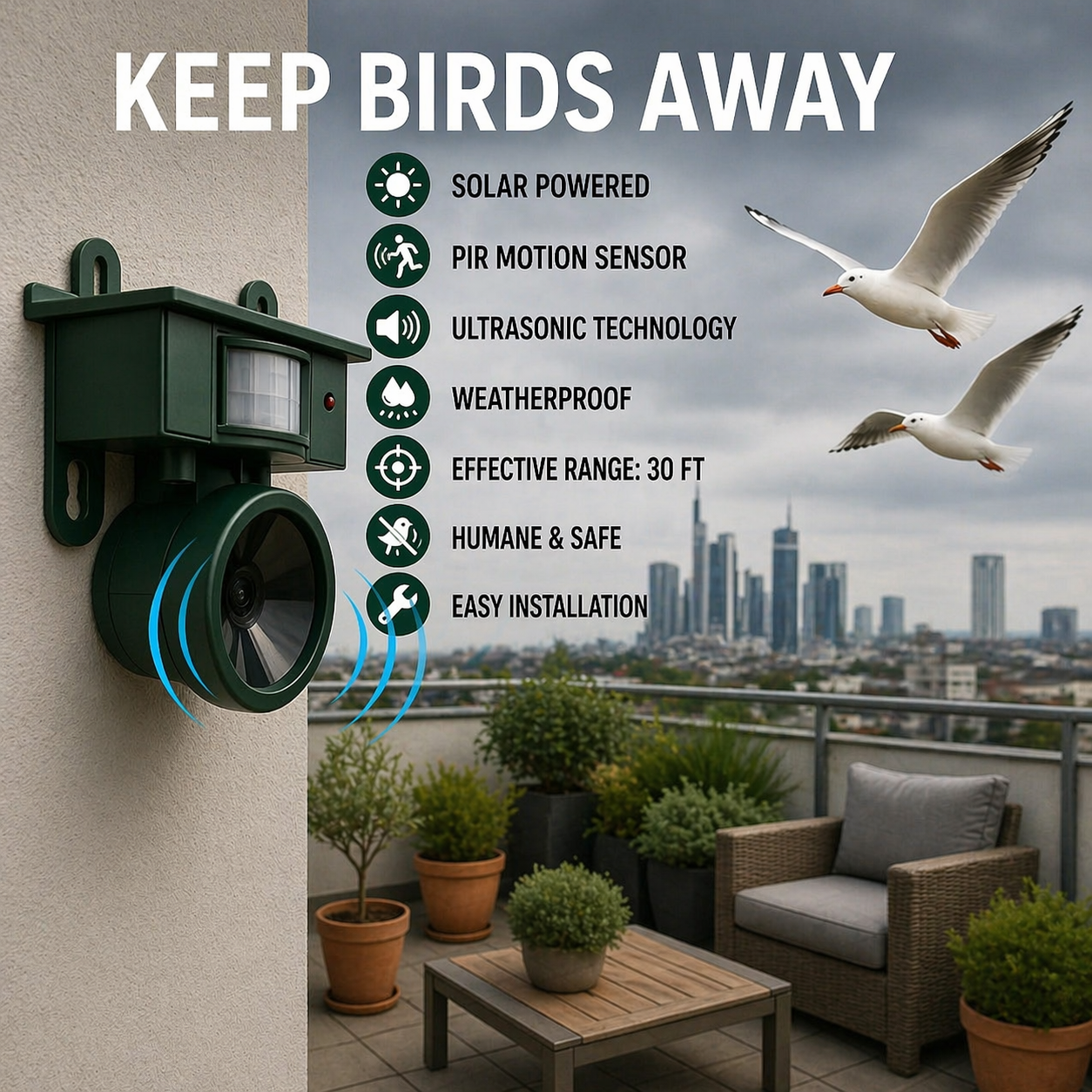 Vogelafweersysteem met PIR-sensor en natuurlijke roofdiergeluiden voor bescherming tegen duiven, kraaien en eksters | Sulvida