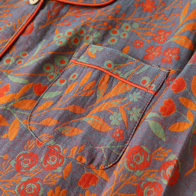 Ensemble de vêtements d’intérieur vintage à motif de feuilles – pyjama en coton à motif jacquard classique pour femmes et hommes – tenue d’intérieur confortable | Sulvida