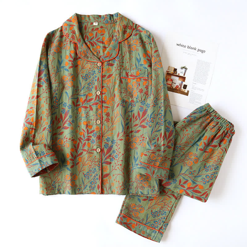 Ensemble de vêtements d’intérieur vintage à motif de feuilles – pyjama en coton à motif jacquard classique pour femmes et hommes – tenue d’intérieur confortable | Sulvida
