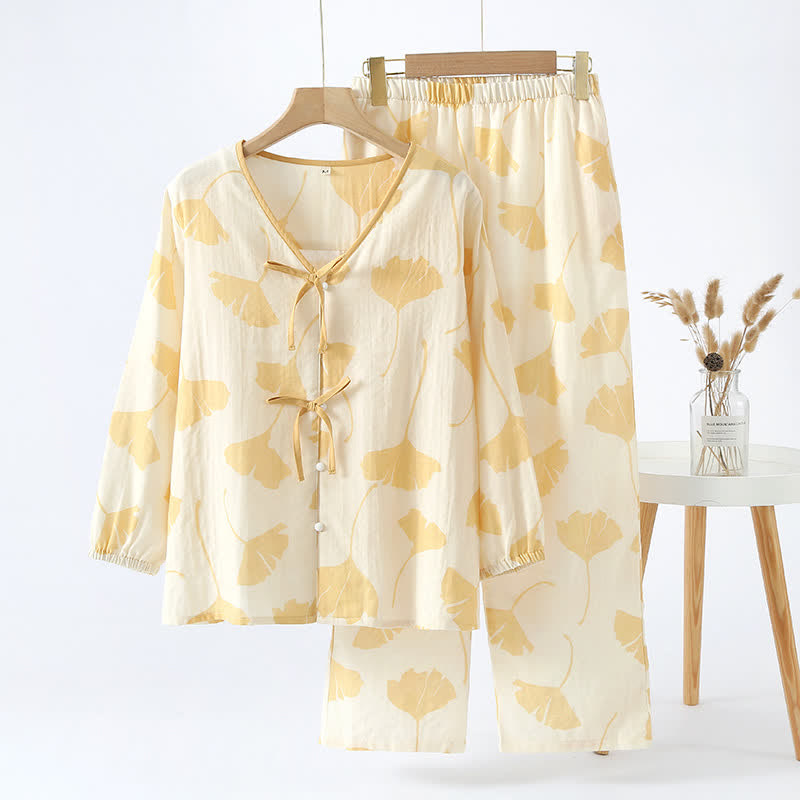 Ensemble de vêtements d’intérieur en coton avec motif de feuilles de ginkgo et détail à nouer – Ensemble de pyjama confortable en gaze double couche avec poches pour femmes, idéal pour le printemps, l’été et l’automne | Sulvida