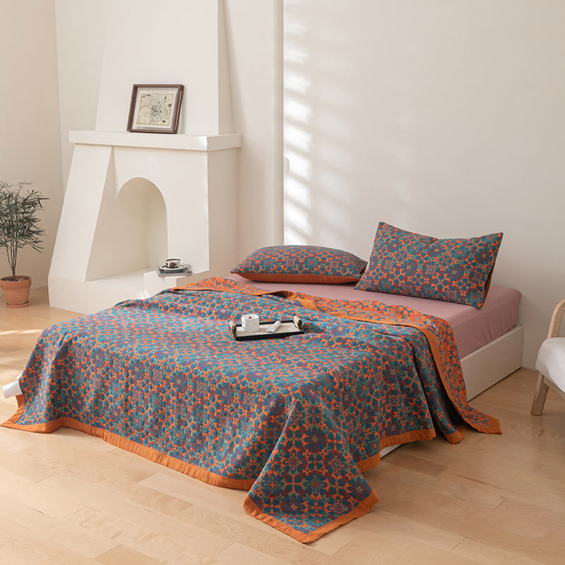 Quilt en coton à six couches, motif orange et bleu, couette réversible, textile de lit respirant pour une chambre moderne | Sulvida