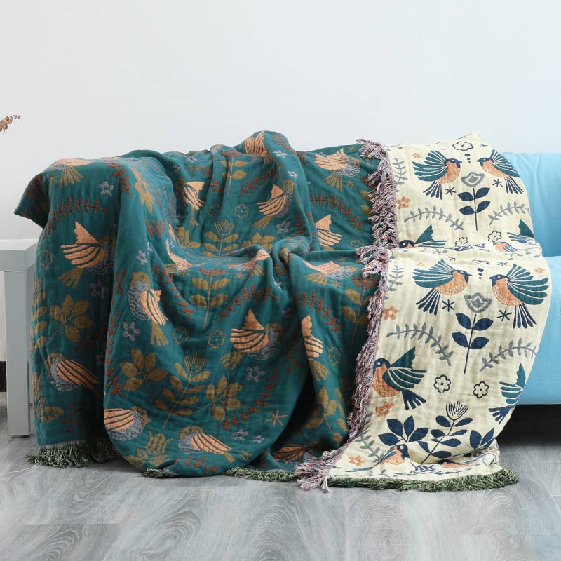Ownkoti Couverture réversible bohème respirante à motifs de fleurs et d’oiseaux