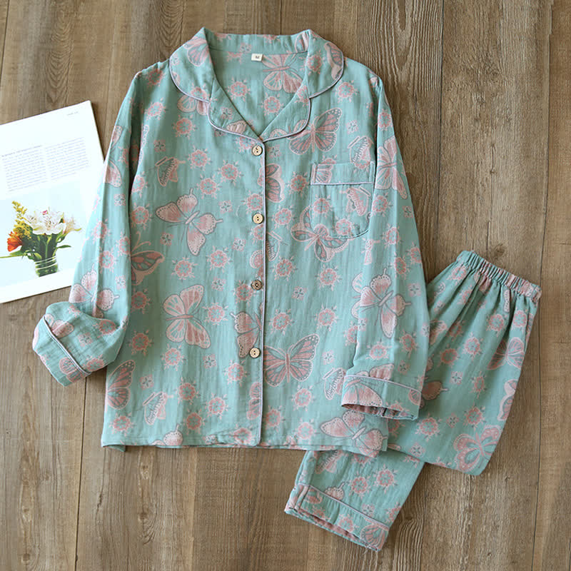 Ensemble de pyjama et vêtements d’intérieur pour femmes en coton, motif papillons vintage, manches longues, pour une détente confortable | Sulvida