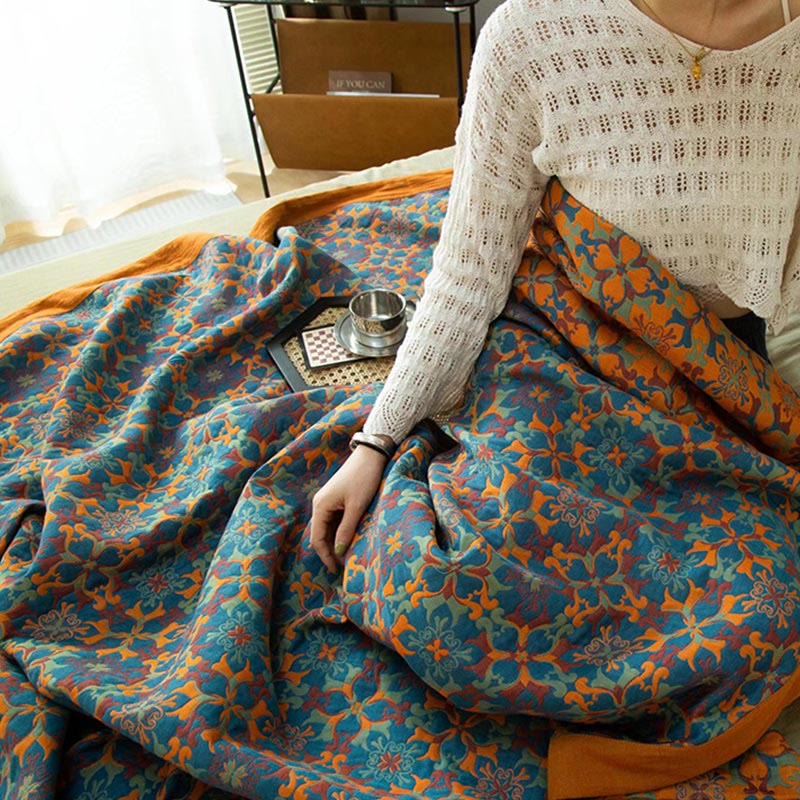 Quilt en coton à six couches, motif orange et bleu, couette réversible, textile de lit respirant pour une chambre moderne | Sulvida