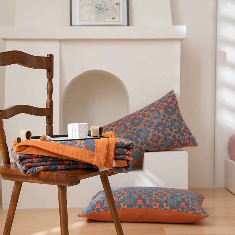 Quilt en coton à six couches, motif orange et bleu, couette réversible, textile de lit respirant pour une chambre moderne | Sulvida