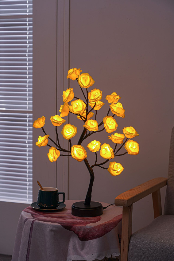 Lampe décorative LED avec branches fleuries – lumière blanc chaud avec 24 fleurs lumineuses pour une décoration chaleureuse du salon | Sulvida