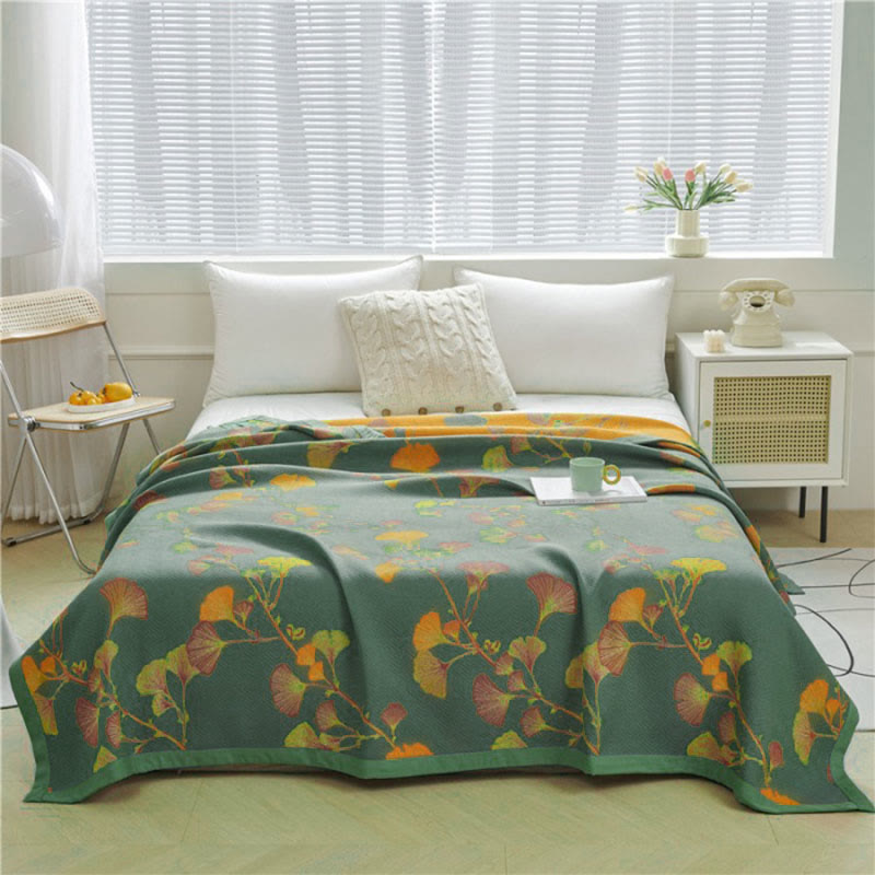 Quilt réversible à motif de feuilles de ginkgo – linge de lit luxueux en jacquard de coton et de fibres de soja pour lits Queen Size et King Size | Sulvida