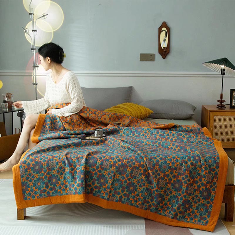 Quilt en coton à six couches, motif orange et bleu, couette réversible, textile de lit respirant pour une chambre moderne | Sulvida