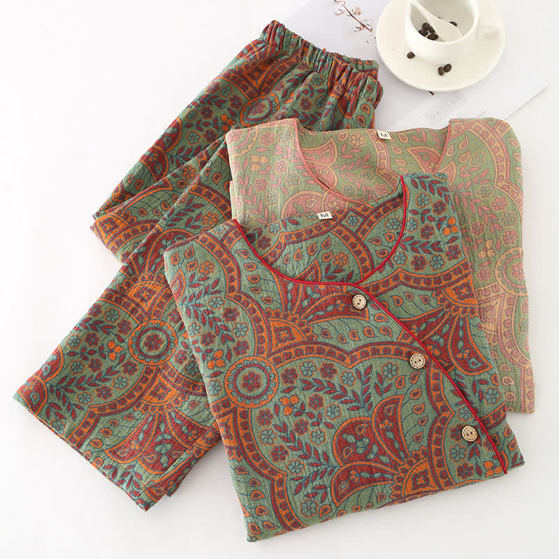 Ensemble de vêtements d’intérieur vintage en jacquard avec col rond et boutons – Vêtements d’intérieur doux en coton pour femmes et hommes, pyjama confortable pour la maison | Sulvida