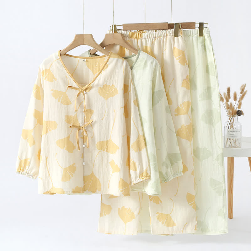 Ensemble de vêtements d’intérieur en coton avec motif de feuilles de ginkgo et détail à nouer – Ensemble de pyjama confortable en gaze double couche avec poches pour femmes, idéal pour le printemps, l’été et l’automne | Sulvida