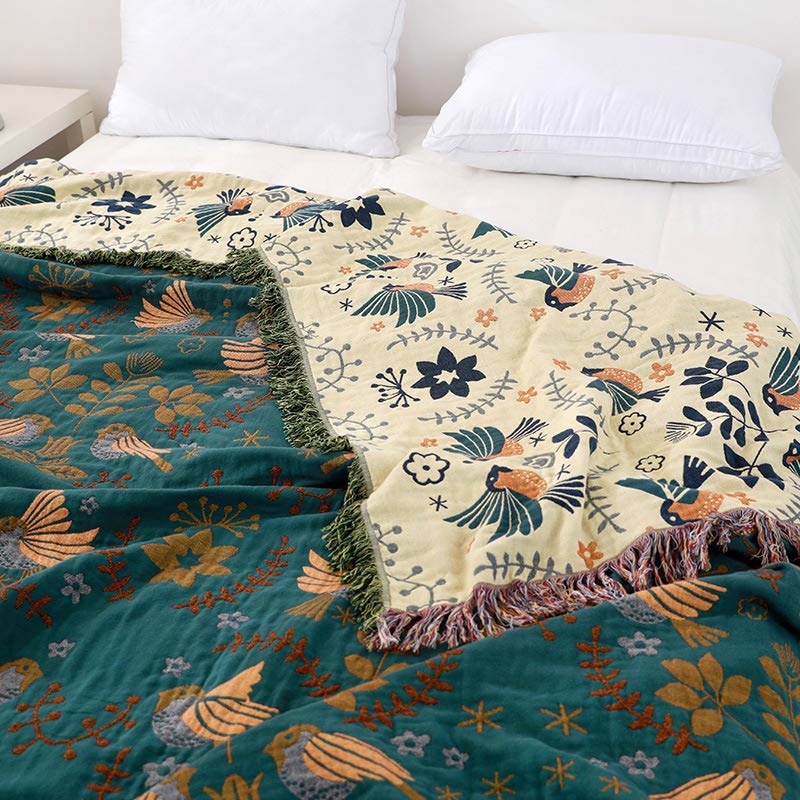Ownkoti Couverture réversible bohème respirante à motifs de fleurs et d’oiseaux