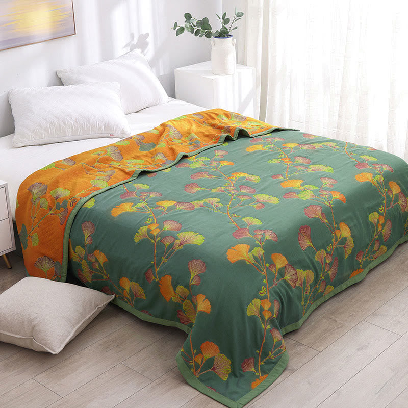 Quilt réversible à motif de feuilles de ginkgo – linge de lit luxueux en jacquard de coton et de fibres de soja pour lits Queen Size et King Size | Sulvida