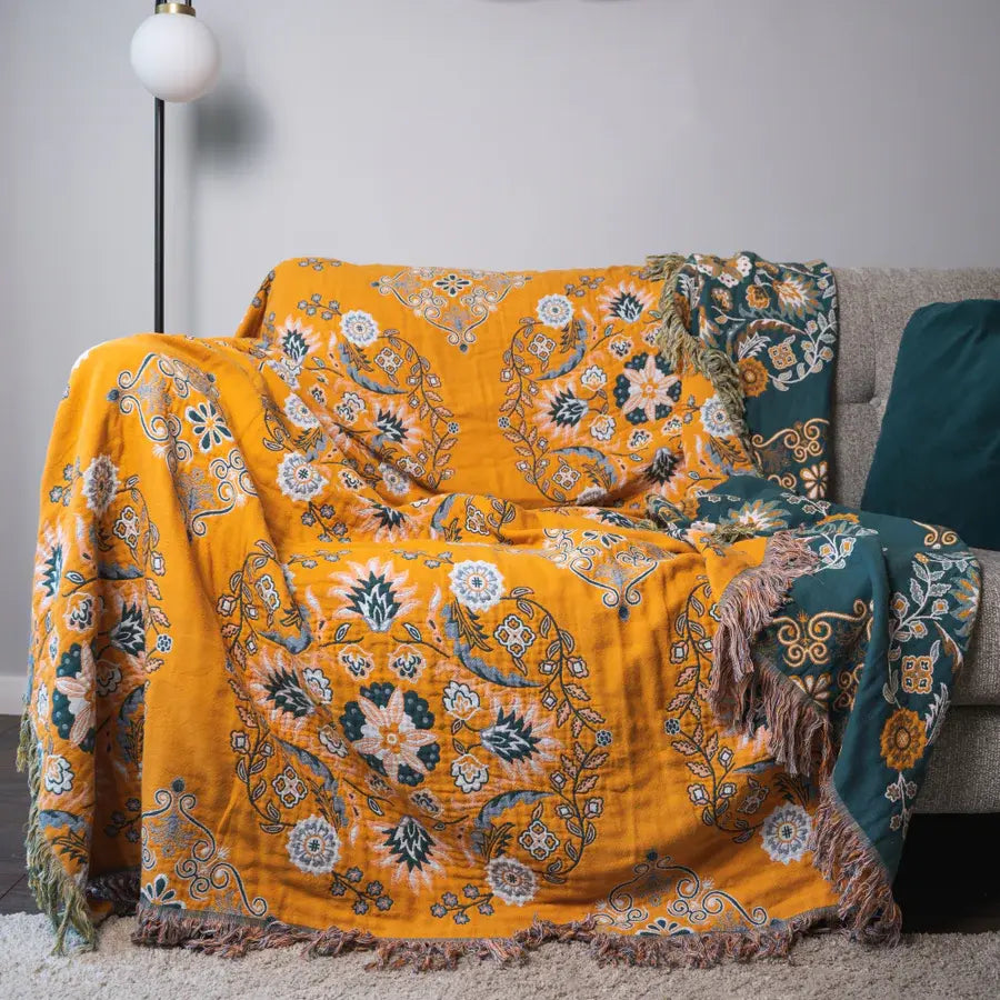Plaid vintage à motif floral – Couverture tissée luxueuse pour canapé et lit – Plaid à franges – Décoration intérieure de style bohème et chaleur | Sulvida