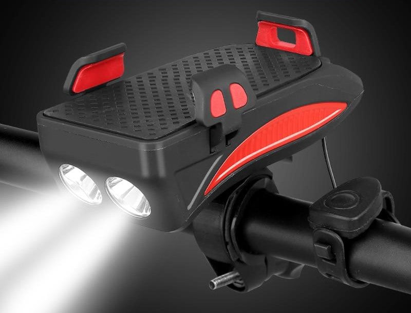 Support de guidon de vélo multifonction 4-en-1 avec batterie externe, éclairage LED et klaxon pour faire du vélo en toute sécurité et recharger son smartphone | Sulvida