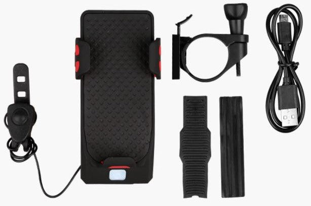 Support de guidon de vélo multifonction 4-en-1 avec batterie externe, éclairage LED et klaxon pour faire du vélo en toute sécurité et recharger son smartphone | Sulvida