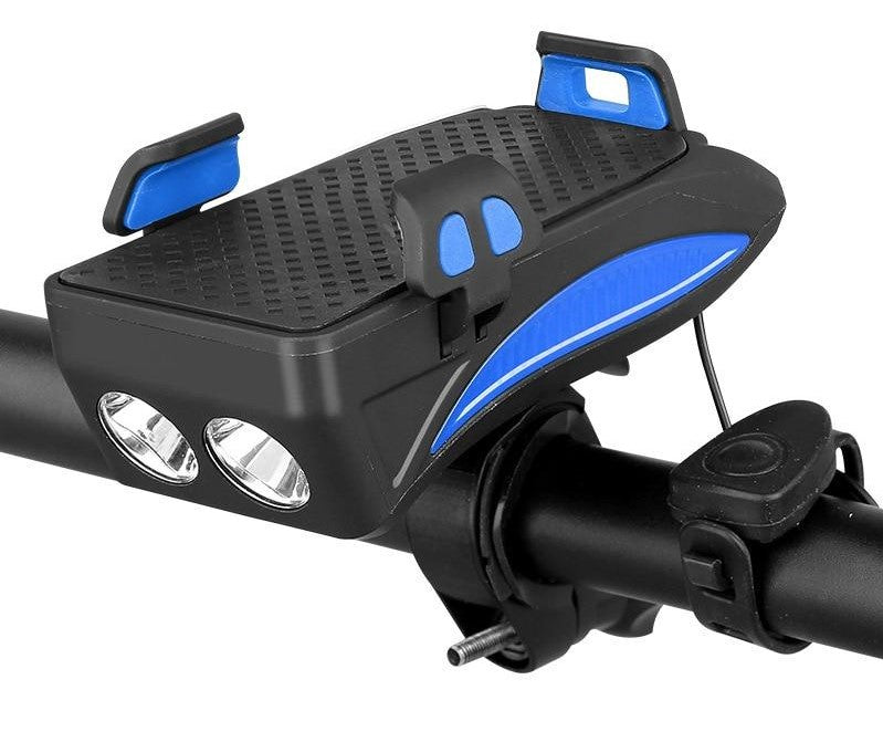 Support de guidon de vélo multifonction 4-en-1 avec batterie externe, éclairage LED et klaxon pour faire du vélo en toute sécurité et recharger son smartphone | Sulvida