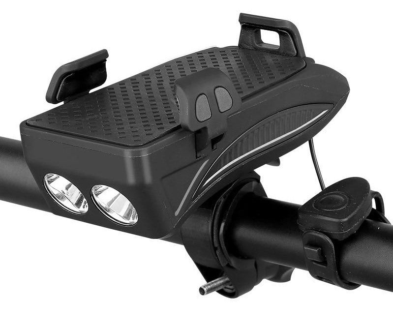 Support de guidon de vélo multifonction 4-en-1 avec batterie externe, éclairage LED et klaxon pour faire du vélo en toute sécurité et recharger son smartphone | Sulvida