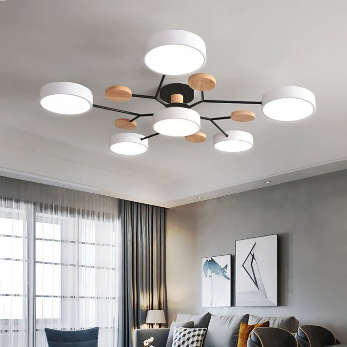 Moderne Scandinavische LED Plafondlamp met Houten Takken en Cirkelvormige Lichtpunten – Energiezuinige Designverlichting voor Woonkamer en Slaapkamer | Sulvida